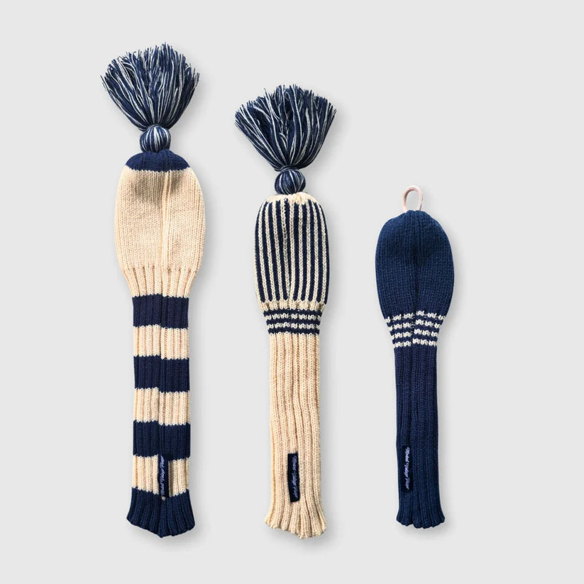 Wool Knit Golf Covers Set - Cream / Navy